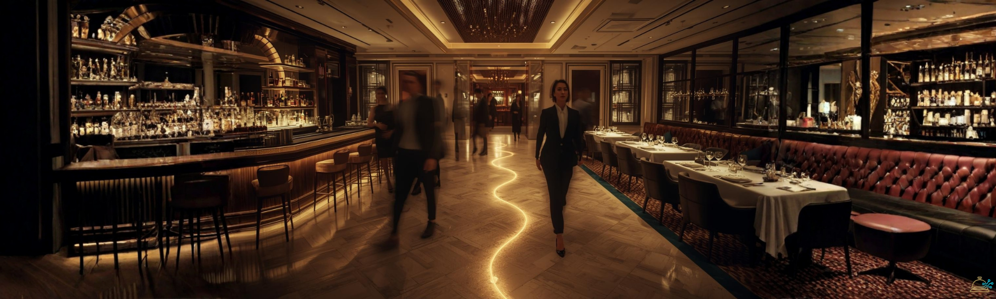 Luxury hotel restaurant interior with bar and dining area connected by illuminated guest journey path, symbolizing AI guided hospitality experience design.